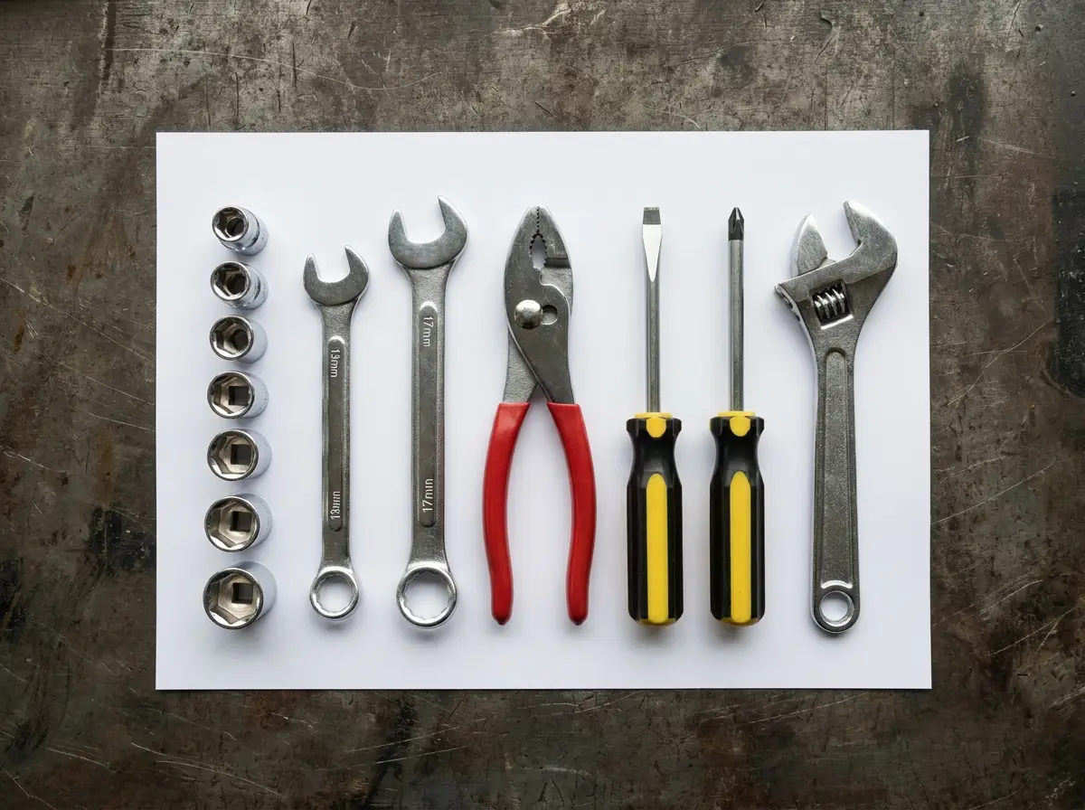 Mechanic hand tools laid flat and spaced out on a white A4 sheet, photographed from directly above