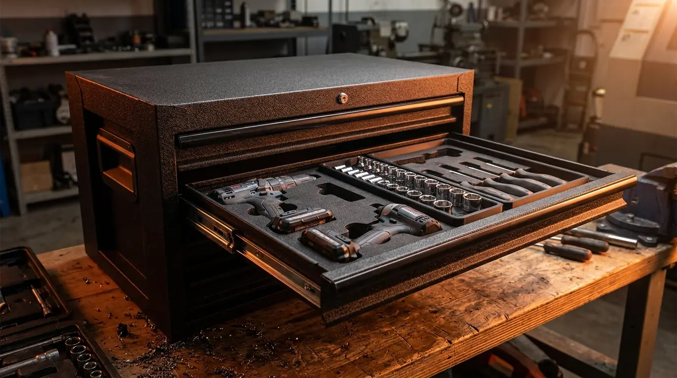 A modular tool box drawer fitted with exact-fit 3D-printed dividers holding a drill, sockets and screwdrivers