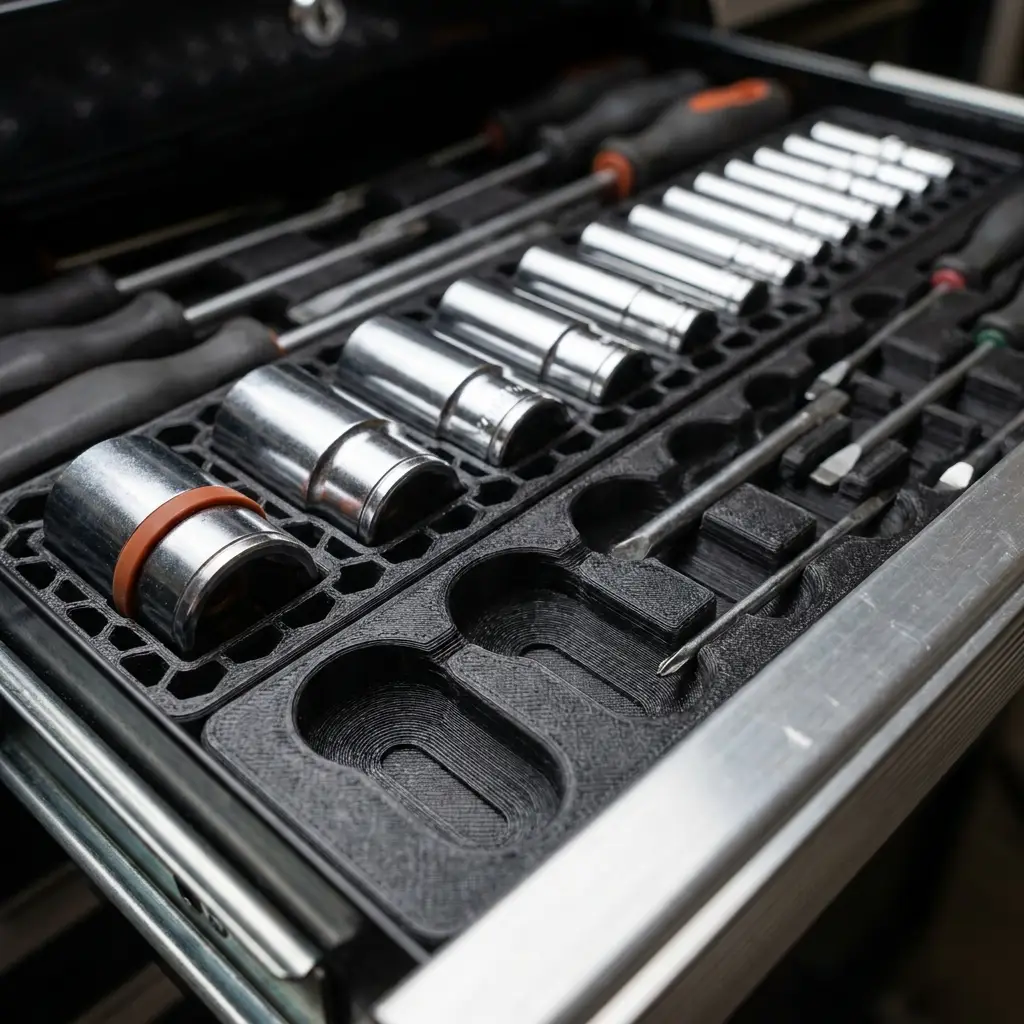 Matte-black 3D-printed Gridfinity baseplate fitted to a ToughBuilt drawer